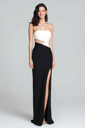 Robe longue formelle sans bretelles noire et blanche découpée avec fente